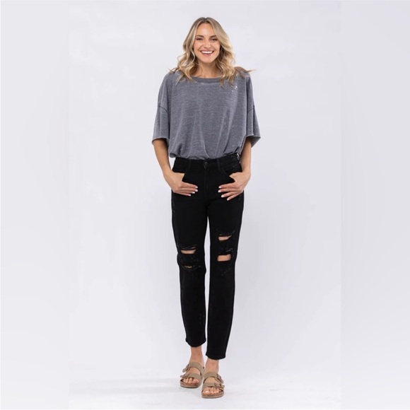 Judy Blue Denim - New! Judy Blue Black Distressed Boyfriend Fit Jeans Size 15/32
